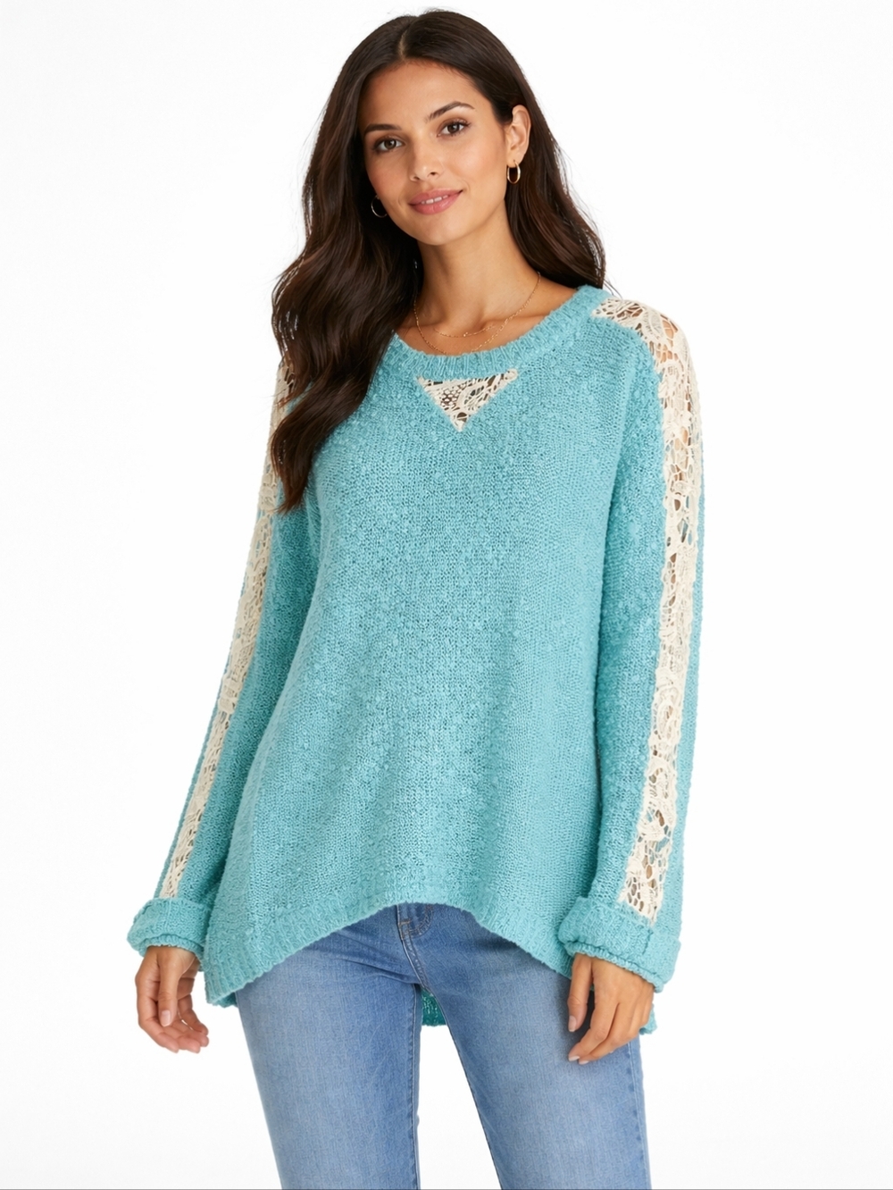 Hayden Los Angeles Aqua Blue/Green Crochet Sweater With Lace Details - NWT